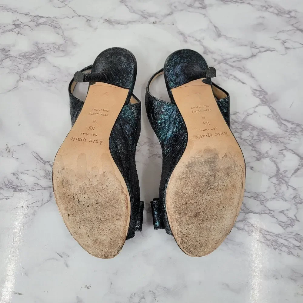 Kate Spade Leather Metallic Teal Silver Black Slingback Heels Bow Open Peep Toe